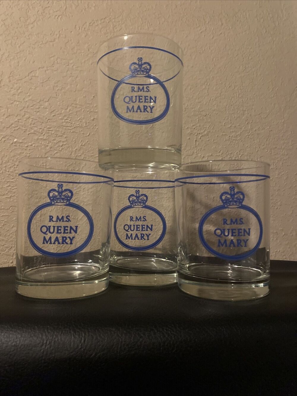 Set Of 4 RMS Queen Mary Logo Glass Long Beach California Tumbler Glasses